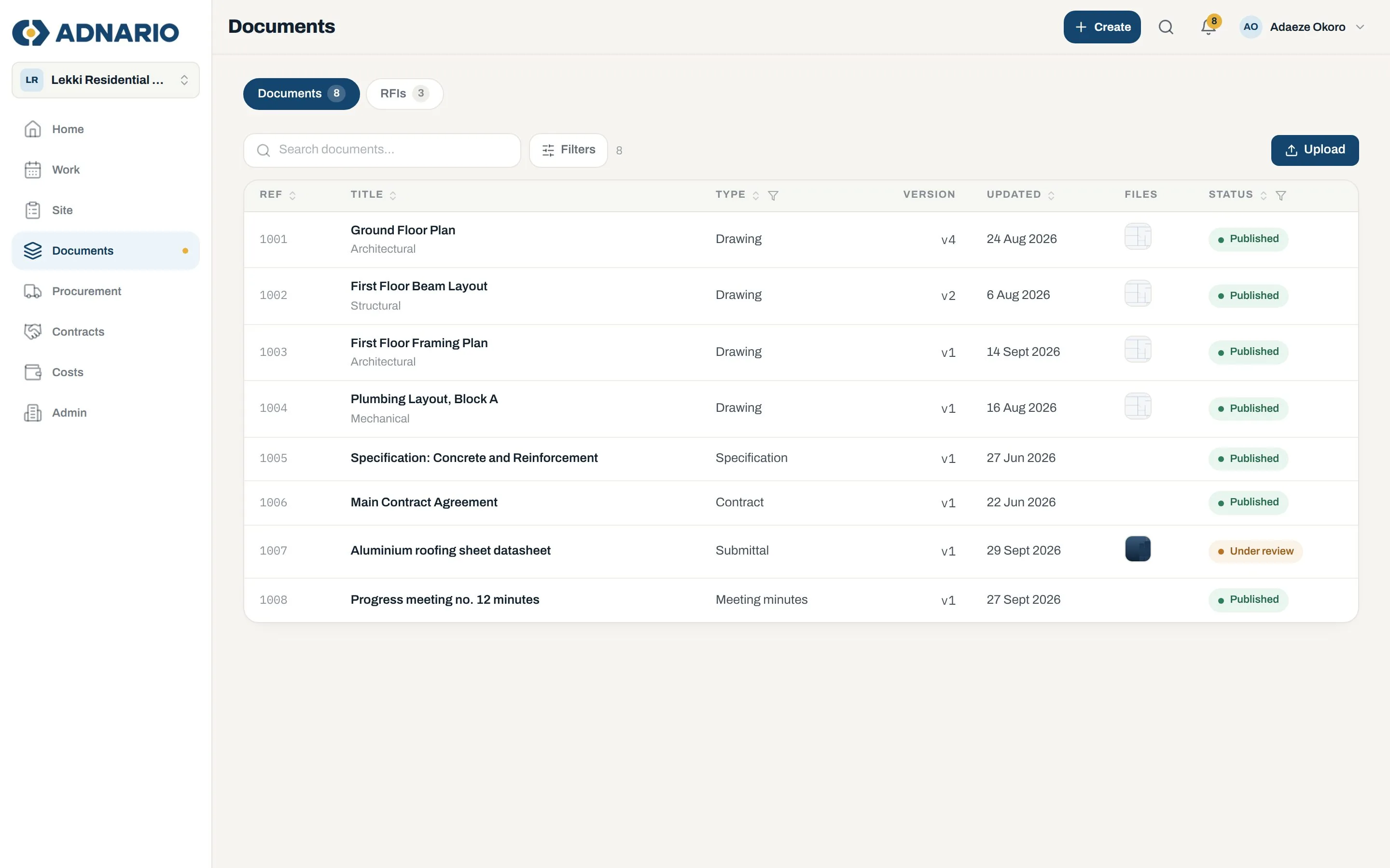 Document register with revisions and status