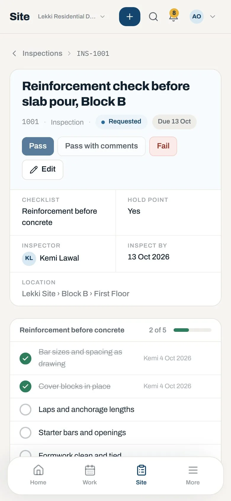 Inspection checklist on a phone