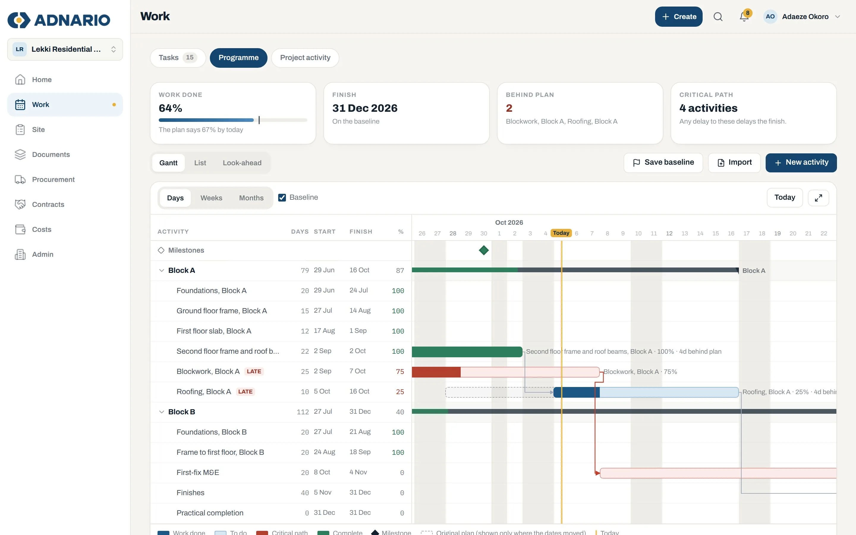 Programme Gantt with late activities and critical path