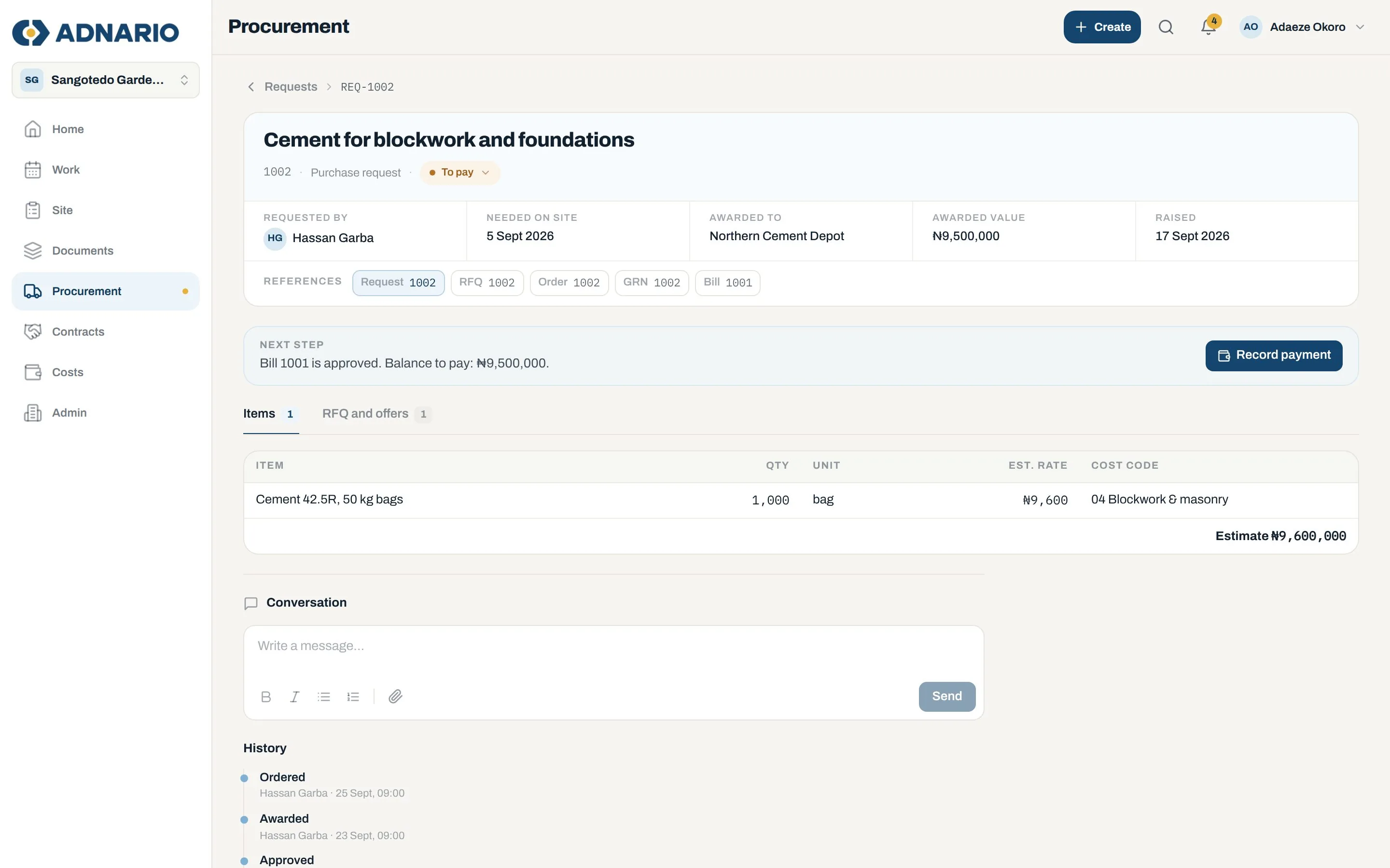Purchase request linked to its quotation, order, delivery and bill